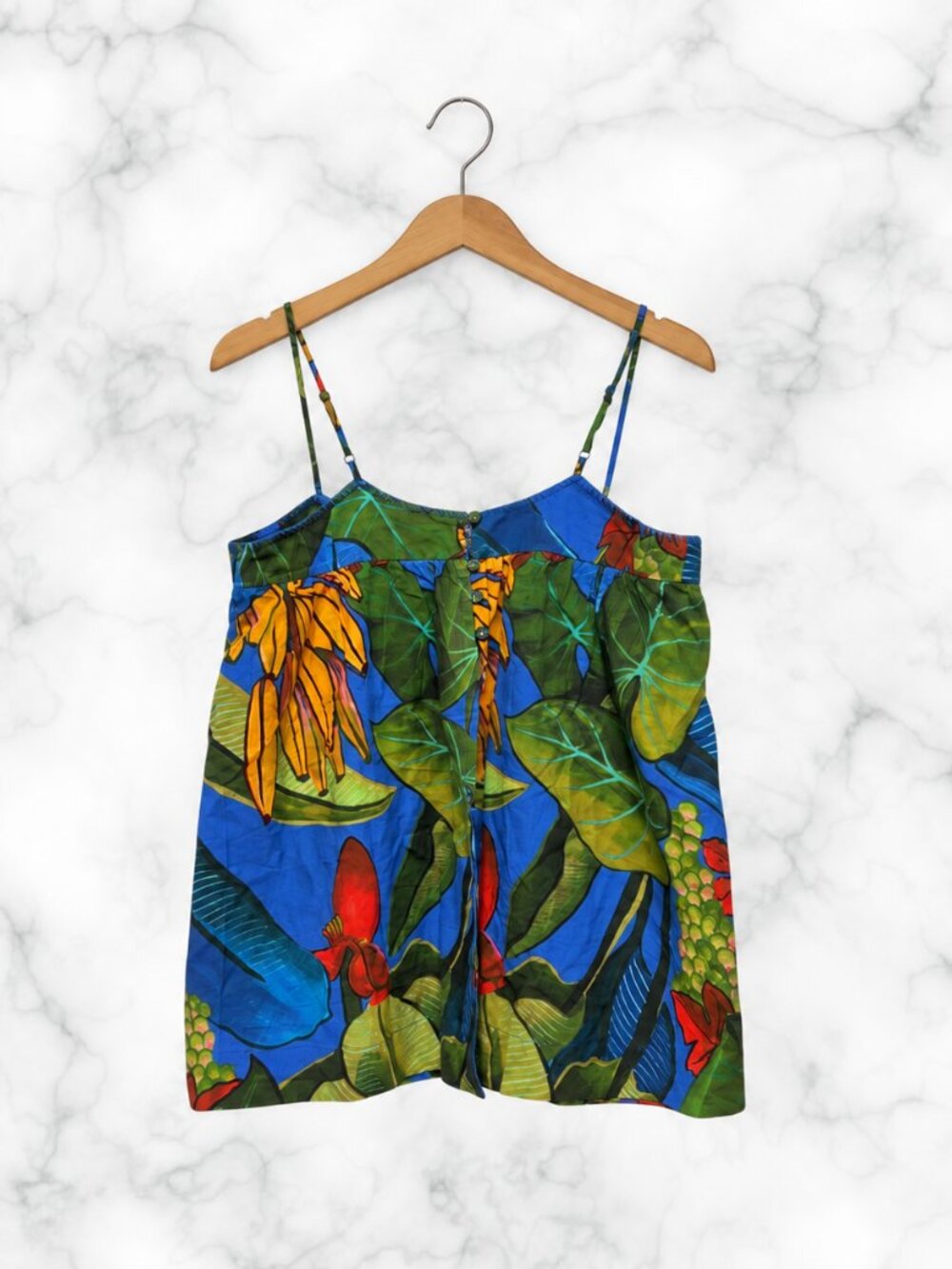 NWT FARM RIO Banana Grapes Tropical Print Linen Cami Top Blue M - Picture 2 of 13